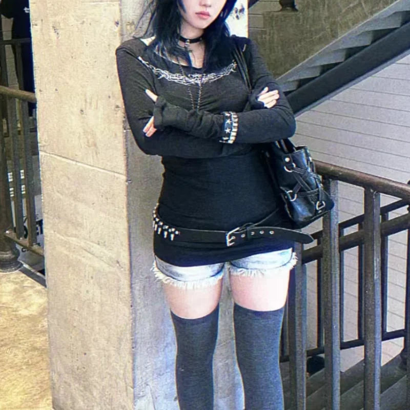 Y2k Gothic Print T-shirt Trashy 2000s Style Long Sleeve Tops Vintage Harajuku Streetwear American Retro T-shirts