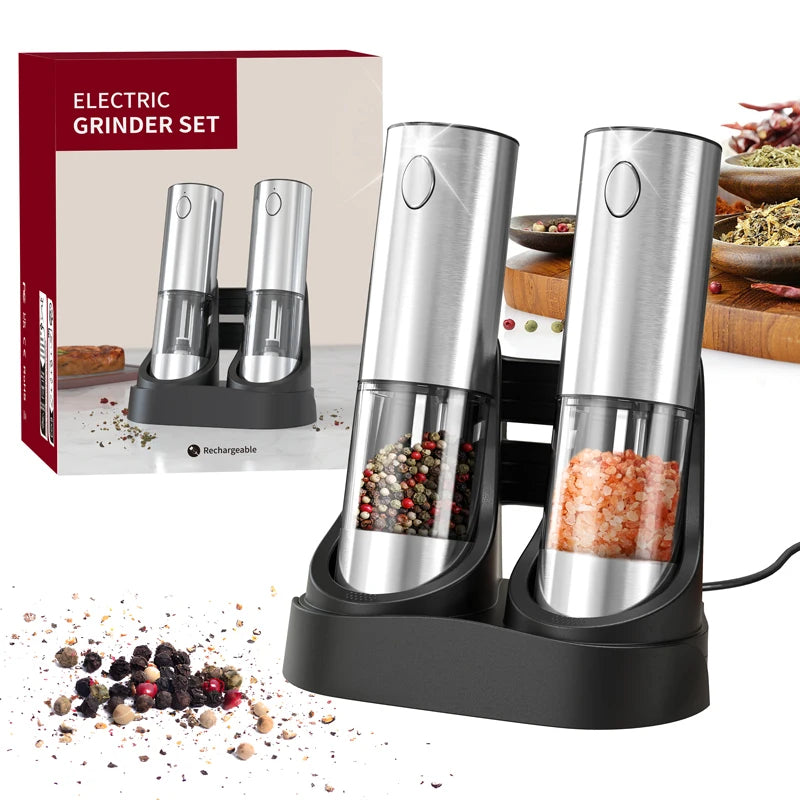 Electric Salt and Pepper Grinder Set with USB Charging Base Large Capacity Adjustable Coarseness Stainless Steel Automatic Mills