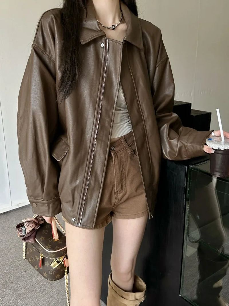 American Retro Solid Pu Jackets Women Autumn Sweet Cool Tops PU Baggy Cozy Turn-down Collar Zipper Fashion Stylish Temperament