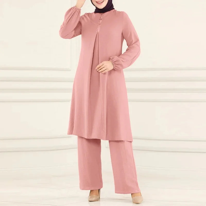 Casual Muslim Dress for Women Blouse 2 Piece Set Long Sleeve Shirt Wide Leg Pant Suits Saudi Arabic Dubai Dresses Autumn 2023