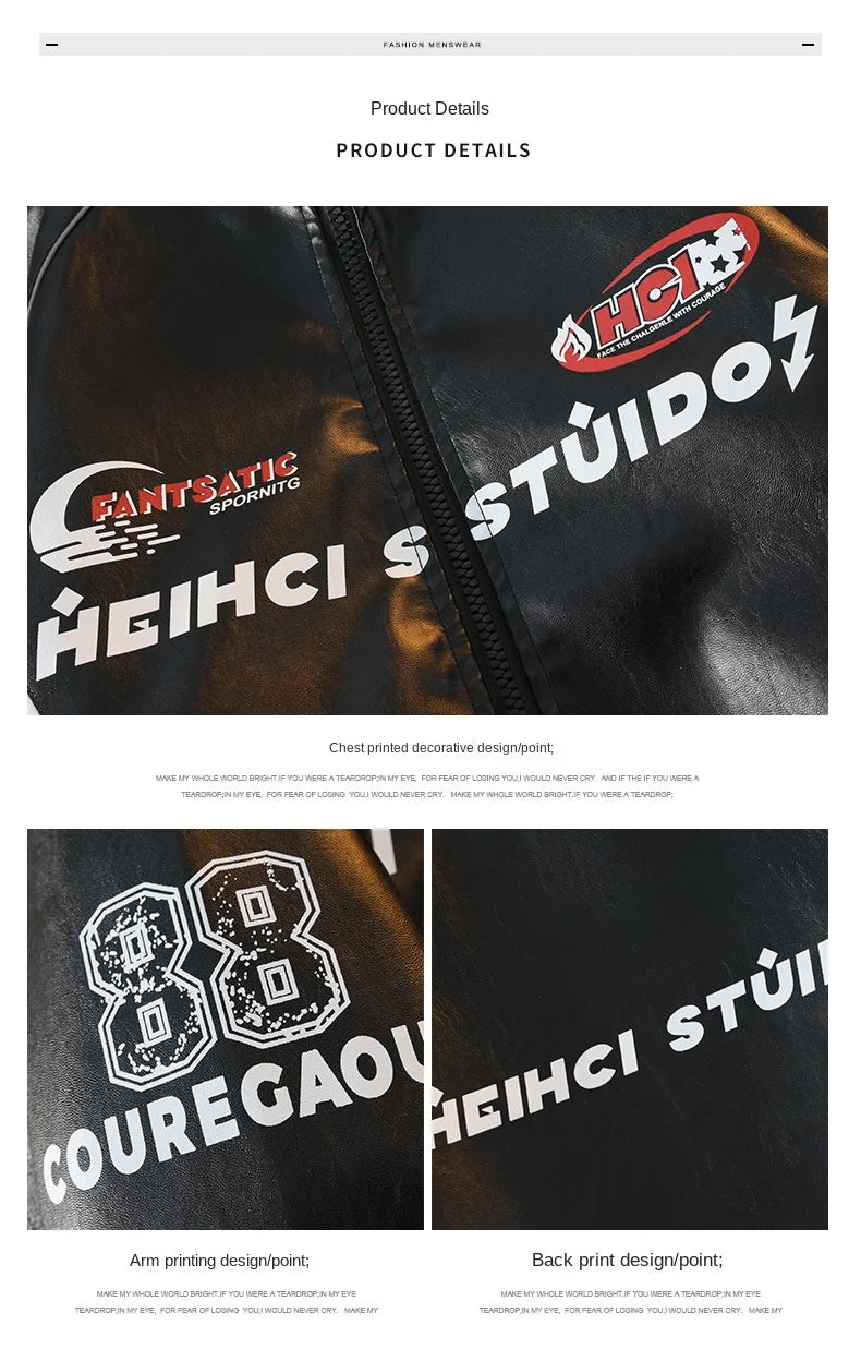 Mens Leather Moto Jacket  Stand Collar Edgy Racing Style Utility Work Coat  Unisex Hong Kong Trend Ins Fashion for Spring Autumn