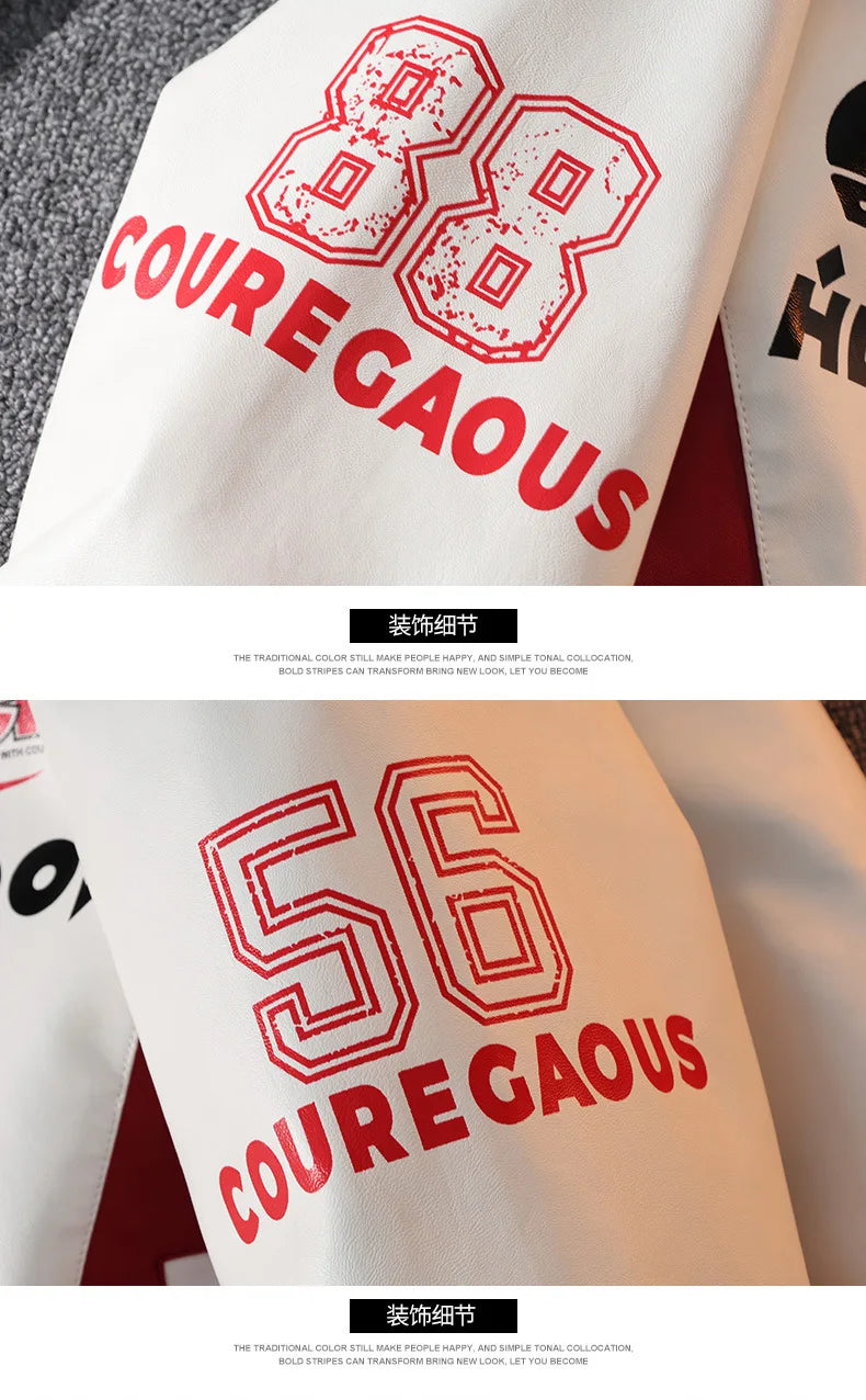 Mens Leather Moto Jacket  Stand Collar Edgy Racing Style Utility Work Coat  Unisex Hong Kong Trend Ins Fashion for Spring Autumn