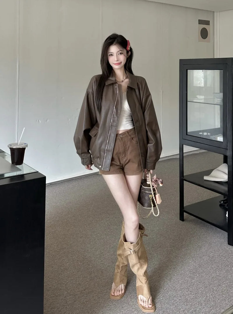 American Retro Solid Pu Jackets Women Autumn Sweet Cool Tops PU Baggy Cozy Turn-down Collar Zipper Fashion Stylish Temperament