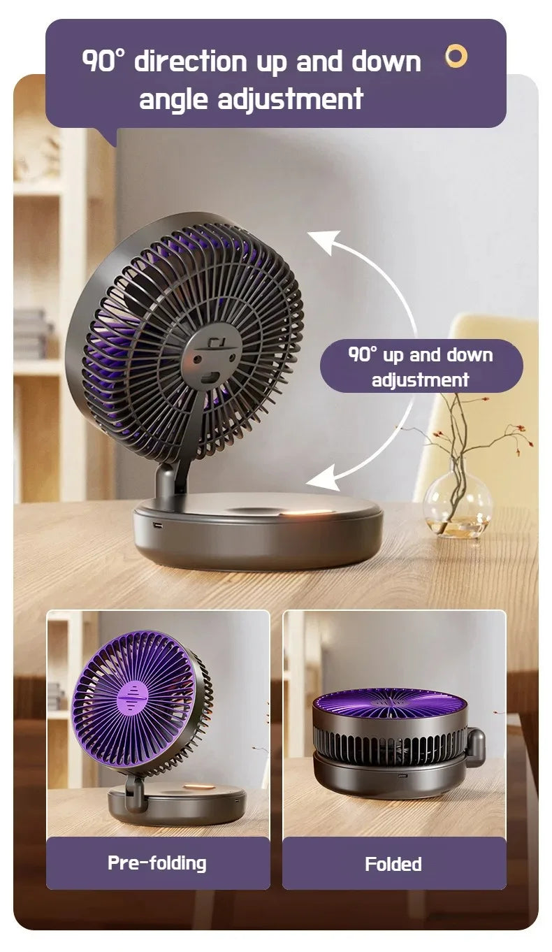 Foldable Desktop Fan Mini  Wall-Mounted Fan With Warm Night Light Rechargeable 4 Gears Adjustable Portable Air Circulation Fan