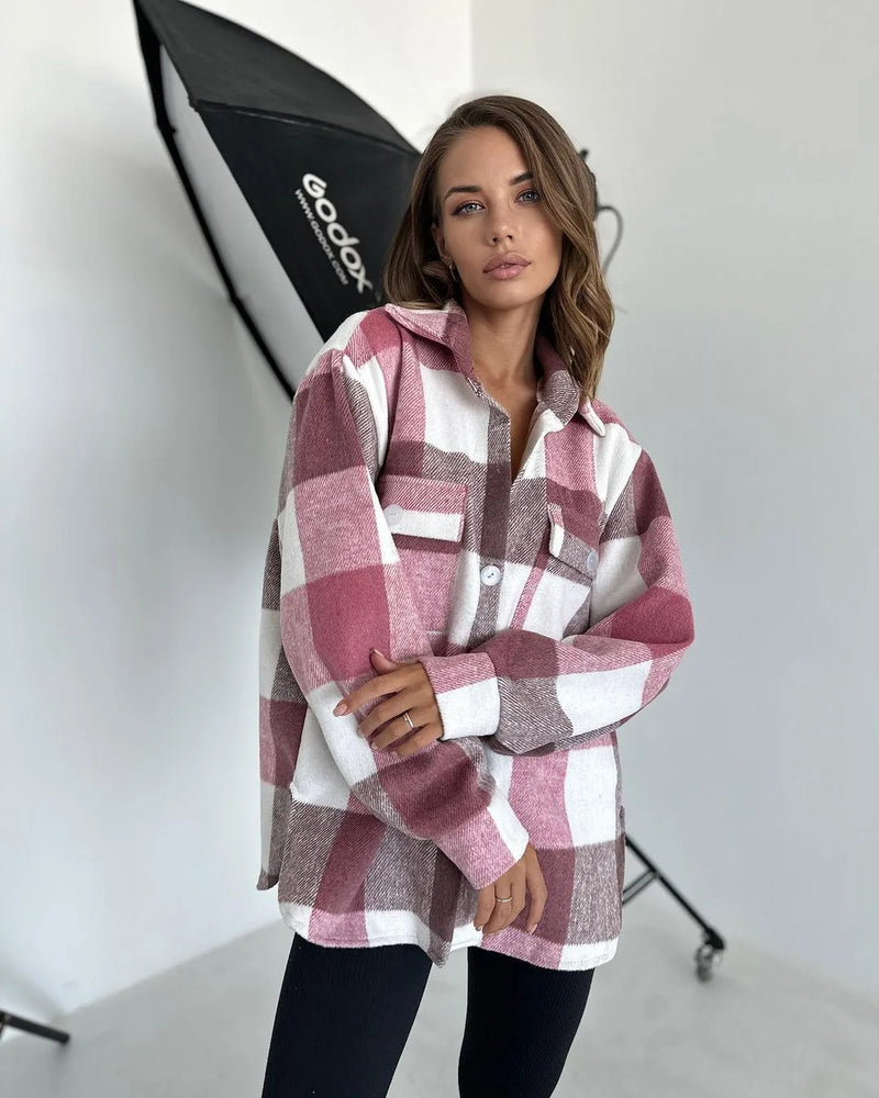 Women’s Flannel Plaid Shirt Jacket – Long Sleeve Lapel Button-Down Shacket for Autumn
