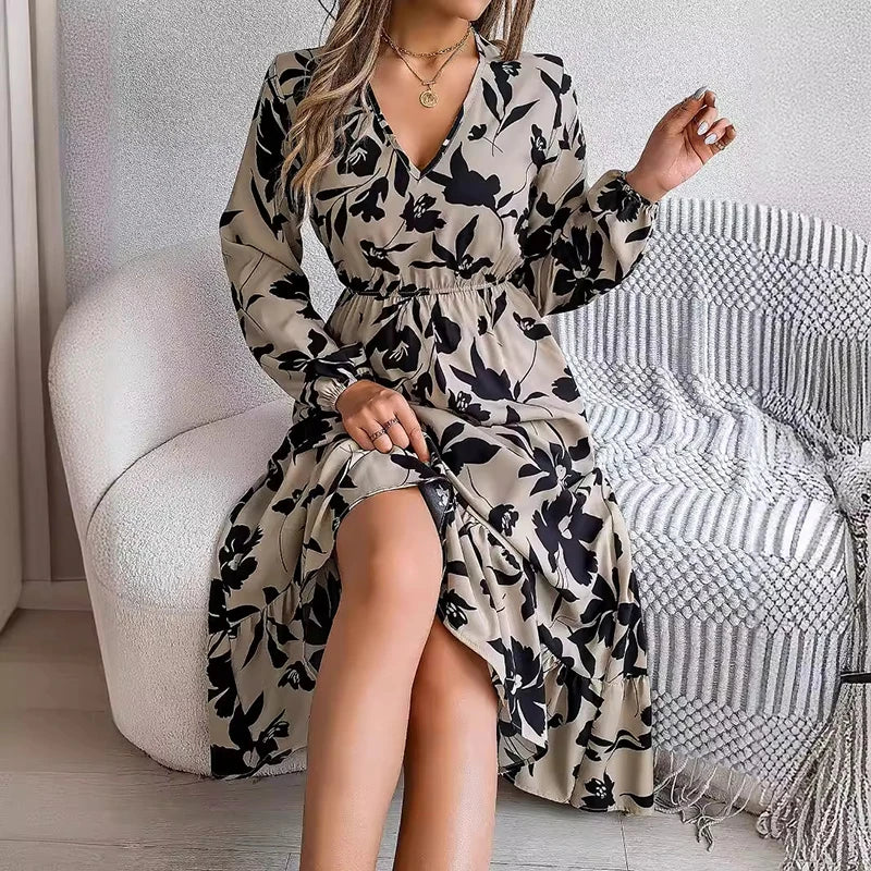 Casual Flower Waist Dress For Women Elegant V Neck Floral Print Long Sleeves High Tight Waist A-line Flowy Ruffle Hem Midi Dress