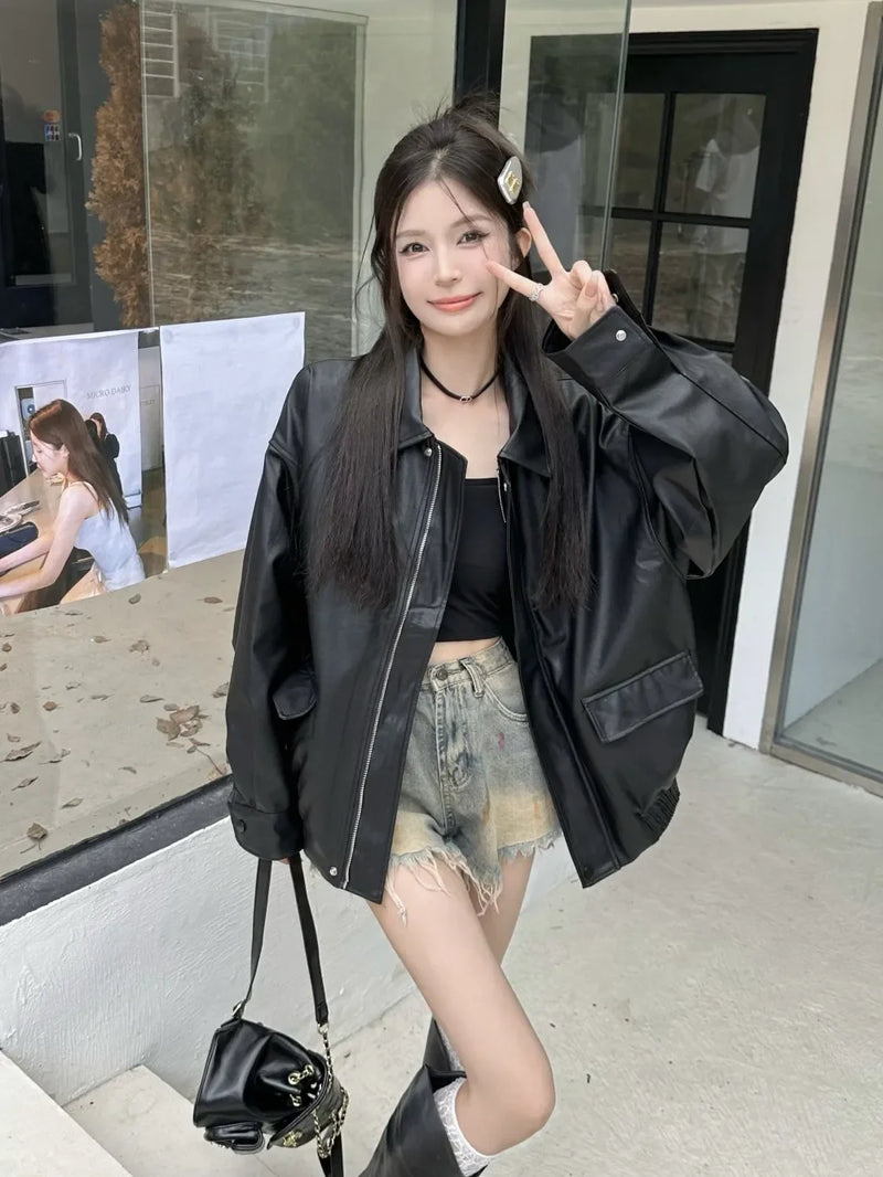 American Retro Solid Pu Jackets Women Autumn Sweet Cool Tops PU Baggy Cozy Turn-down Collar Zipper Fashion Stylish Temperament