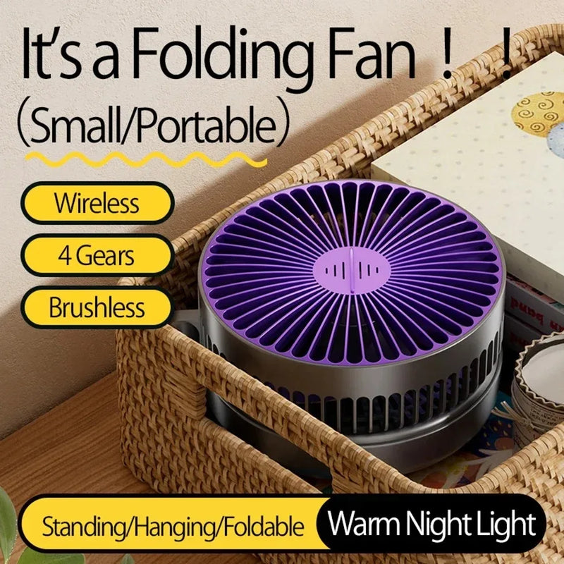 Foldable Desktop Fan Mini  Wall-Mounted Fan With Warm Night Light Rechargeable 4 Gears Adjustable Portable Air Circulation Fan