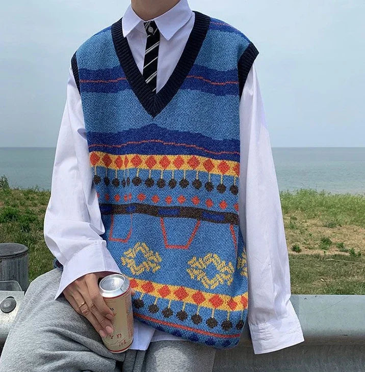 Tatiana Haven Men’s Printed Knit Sweater Vest – V-Neck Casual Korean-Style Fashion Waistcoat for Autumn & Winter