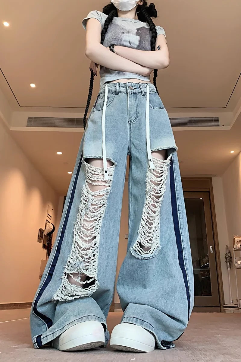 American ripped jeans with loose design, retro spicy girl blue lazy straight leg pants