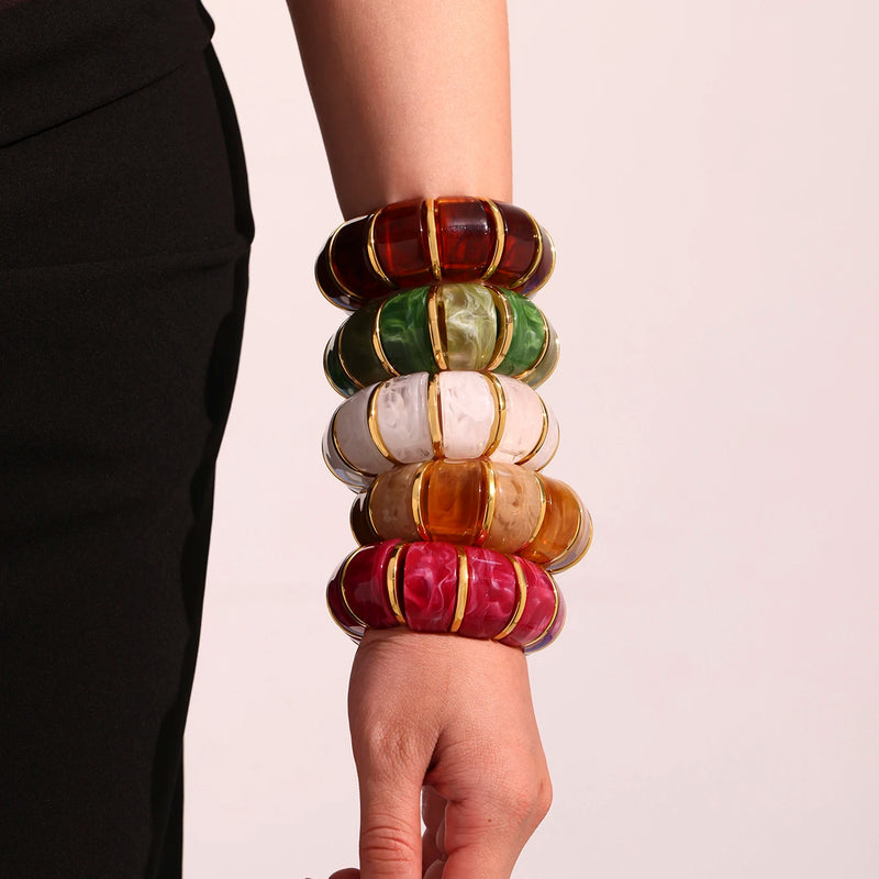 Chunky Ethnic Women Bracelets For Women No Fade Resin Stainless Steel Elastic Rope Handcraft Bangle Luxury Jewelry