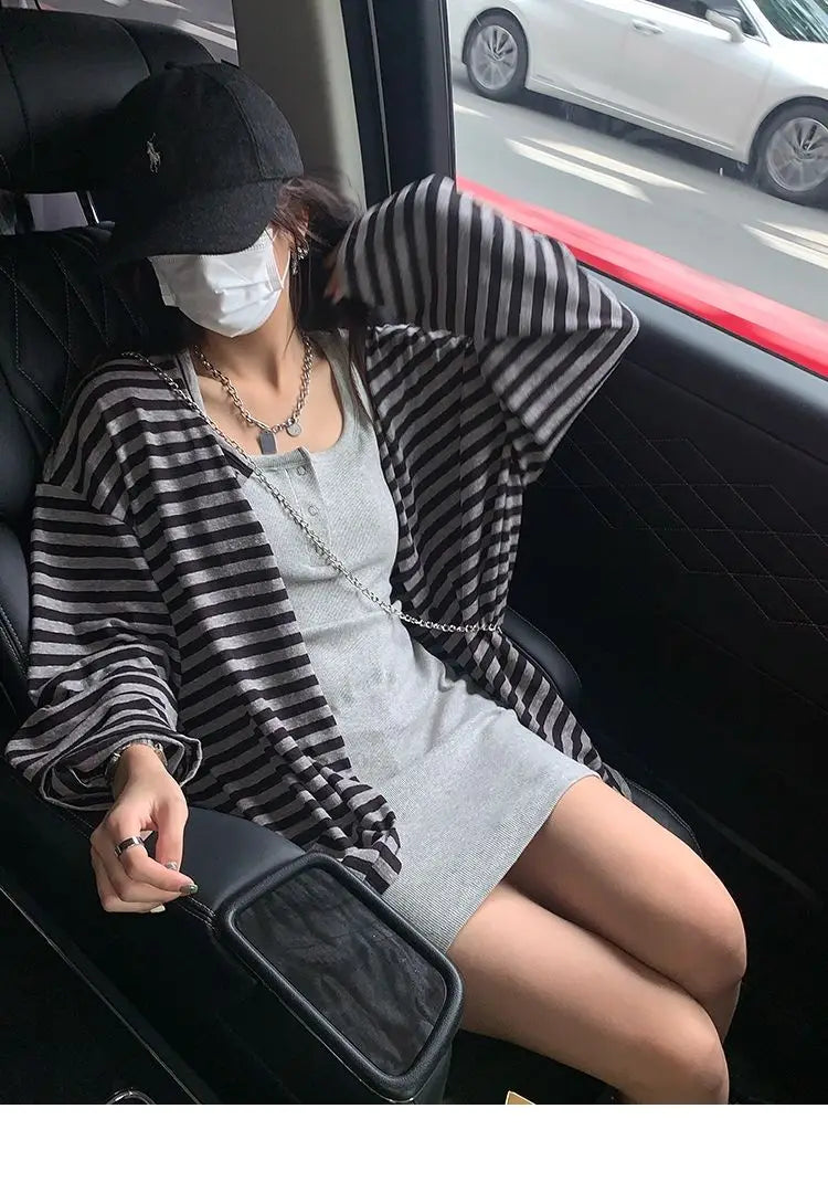 Sweatshirts Women Striped Chic Loose All-match Design Summer Simple Daily Retro Students Tender Sun-proof Classic Korean Style