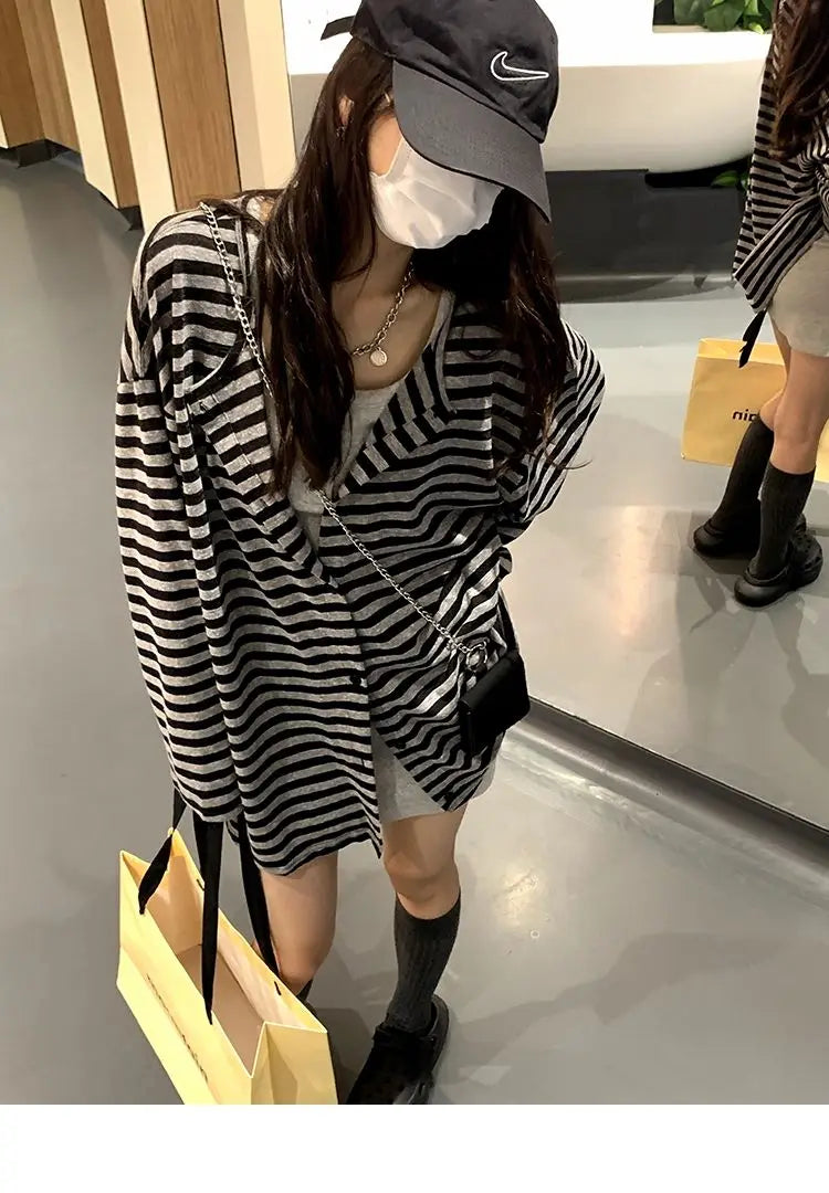 Sweatshirts Women Striped Chic Loose All-match Design Summer Simple Daily Retro Students Tender Sun-proof Classic Korean Style