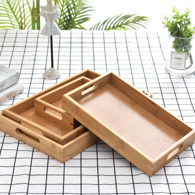 Bamboo tray 1PC wooden tray Tea tray tableware holder Fruit bread dessert tea food tray with handle rectangle