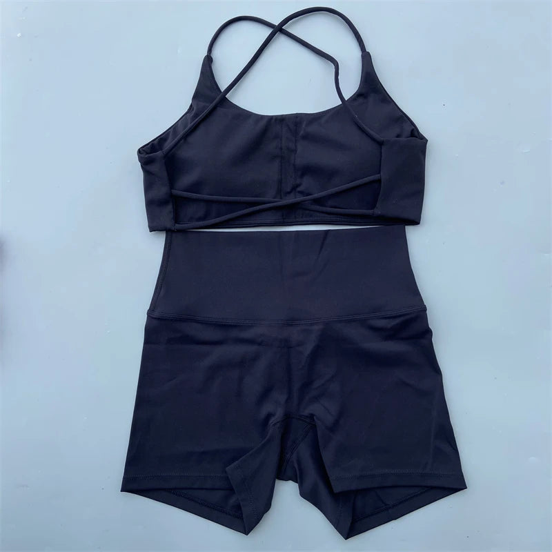 Yoga Shorts Set Gym Two Piece Sports Set Women Workout Outfit Fitness Suit Cross Straps Bra High Waist Shorts Running Tracksuit
