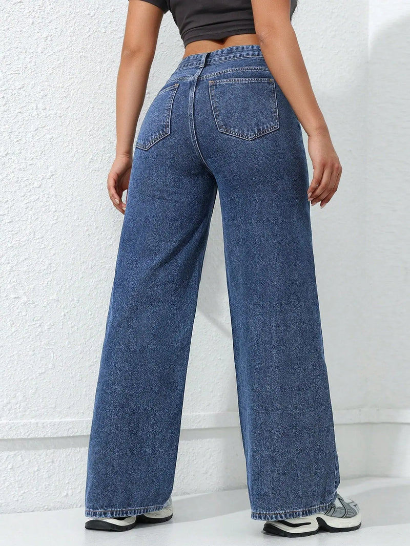 Retro Loose Wide Leg Jeans Fashion Women Solid Straight Wash High Elastic Waist Denim Pants Casual Streetwear Pocket Trousers
