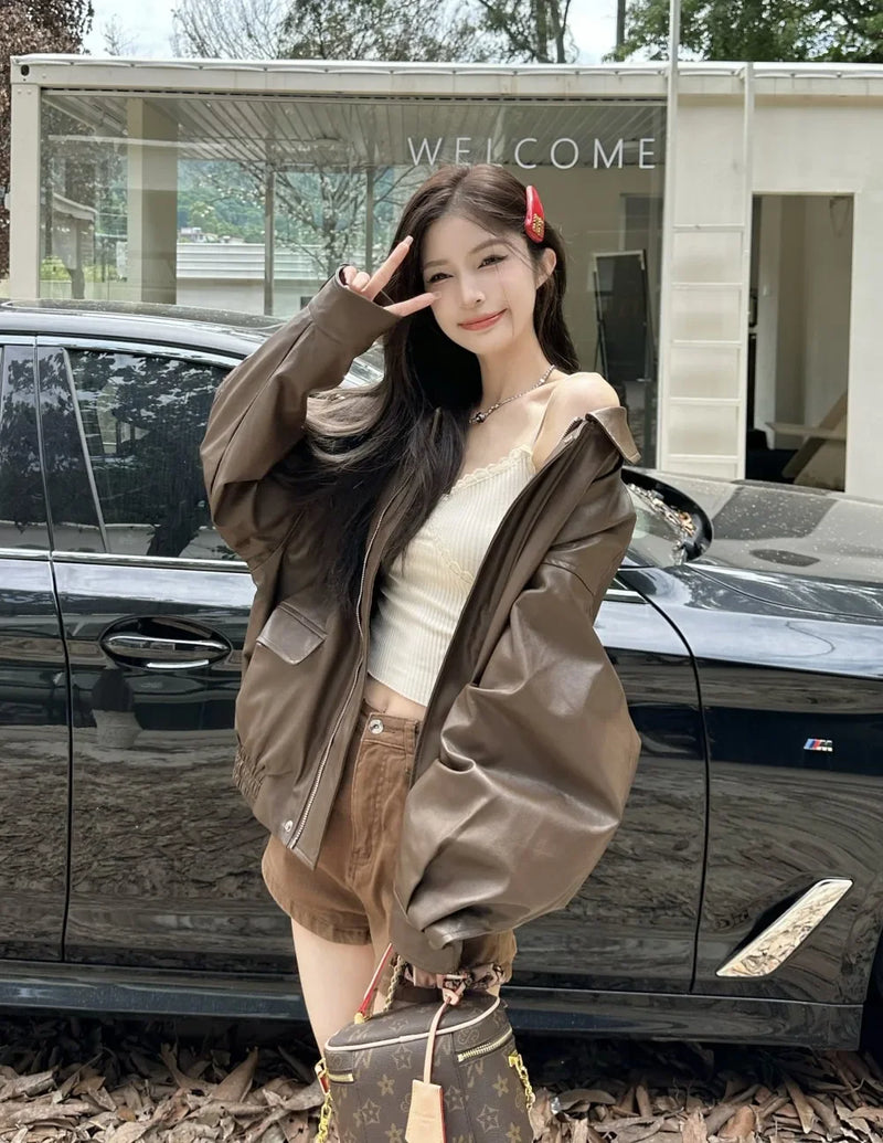 American Retro Solid Pu Jackets Women Autumn Sweet Cool Tops PU Baggy Cozy Turn-down Collar Zipper Fashion Stylish Temperament