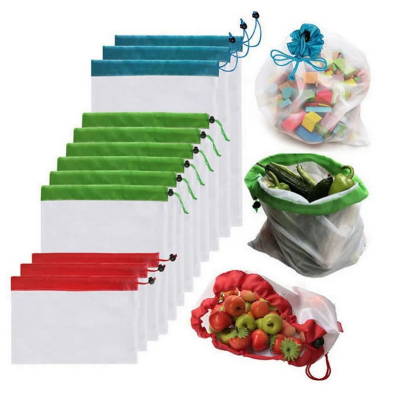 LMETJMA 12Pcs/set Reusable Mesh Produce Bags Premium Polyester Washable Mesh Bags for Vegetables Fruits Toys JT226