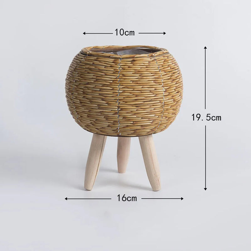 Rustic Rattan Planter With Wooden Legs Household Planter Pot Basket Wood Flower Basket For Indoor Plants Wood Flower Pots