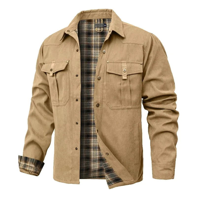 Men’s Flannel-Lined Shirt Jacket – Casual Snap Button Overshirt for Spring & Autumn