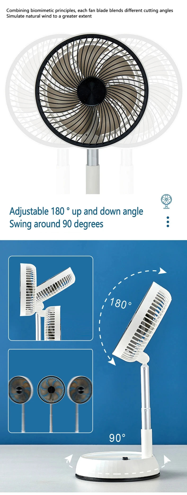 Portable Oscillating Standing Fan with Remote Controller Foldable Desk Fan Rechargeable Battery Powered Pedestal Fan for Camping