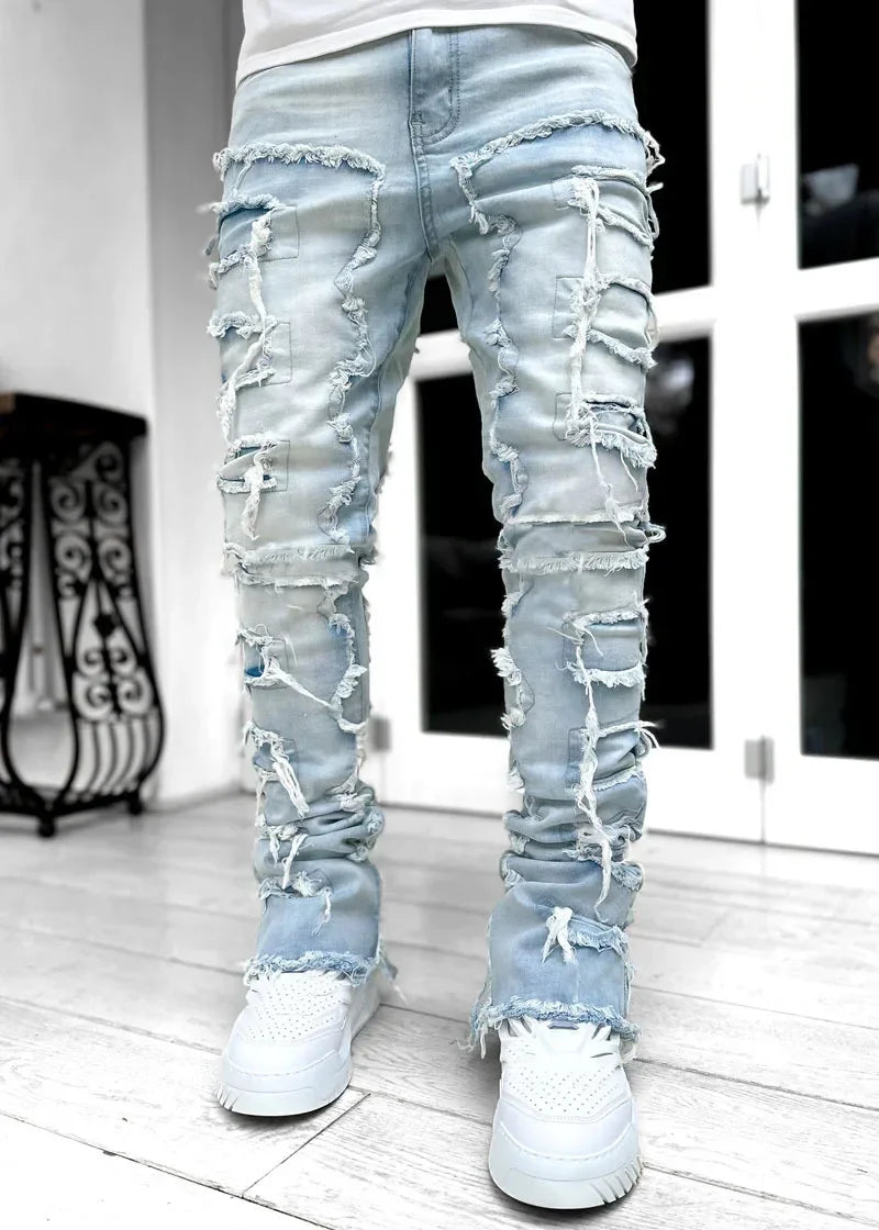 Men’s Stacked Ripped Jeans – Slim Fit Distressed Straight Denim Pants, Hip Hop Streetwear Style