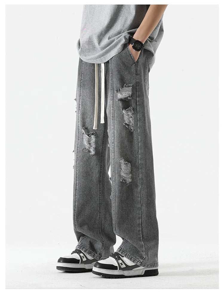 Men’s Summer Loose Ripped Jeans – Retro Straight-Leg Denim Pants with Drawstring Waist, Casual Streetwear Style
