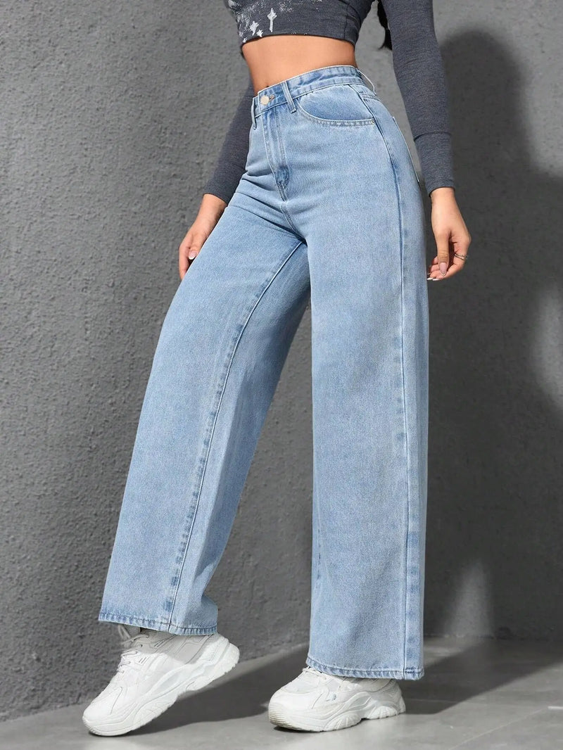 Retro Loose Wide Leg Jeans Fashion Women Solid Straight Wash High Elastic Waist Denim Pants Casual Streetwear Pocket Trousers