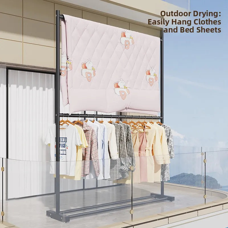 Double Layer Floor-Mounted Clothes Drng Ra Bedroom Balcony Single Rod Storage elf Space-Saving Easy-To-Use Painted Steel