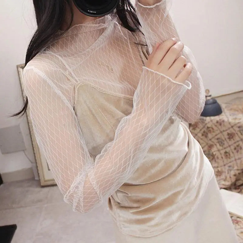 Lace Sheer Women‘s T-Shirt Fashion Mesh Summer Thin Bottom Shirt Transparent Long Sleeve Blouses Ladies Tops High Neck Tee Soli