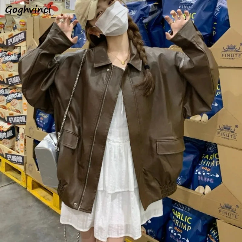 American Retro Solid Pu Jackets Women Autumn Sweet Cool Tops PU Baggy Cozy Turn-down Collar Zipper Fashion Stylish Temperament