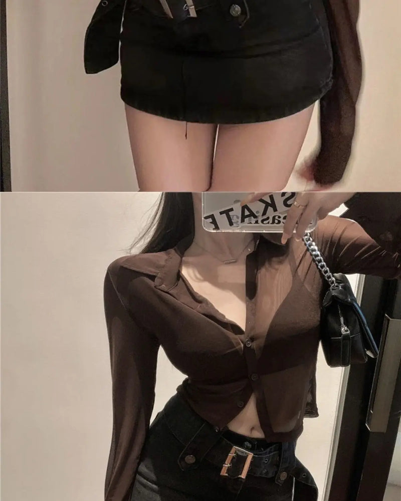 Mesh Sheer Shirts Women Long Sleeve Sunscreen Crop Tops Sexy Summer Thin Breathable Skinny Fashion Ins Streetwear Ladies Chic