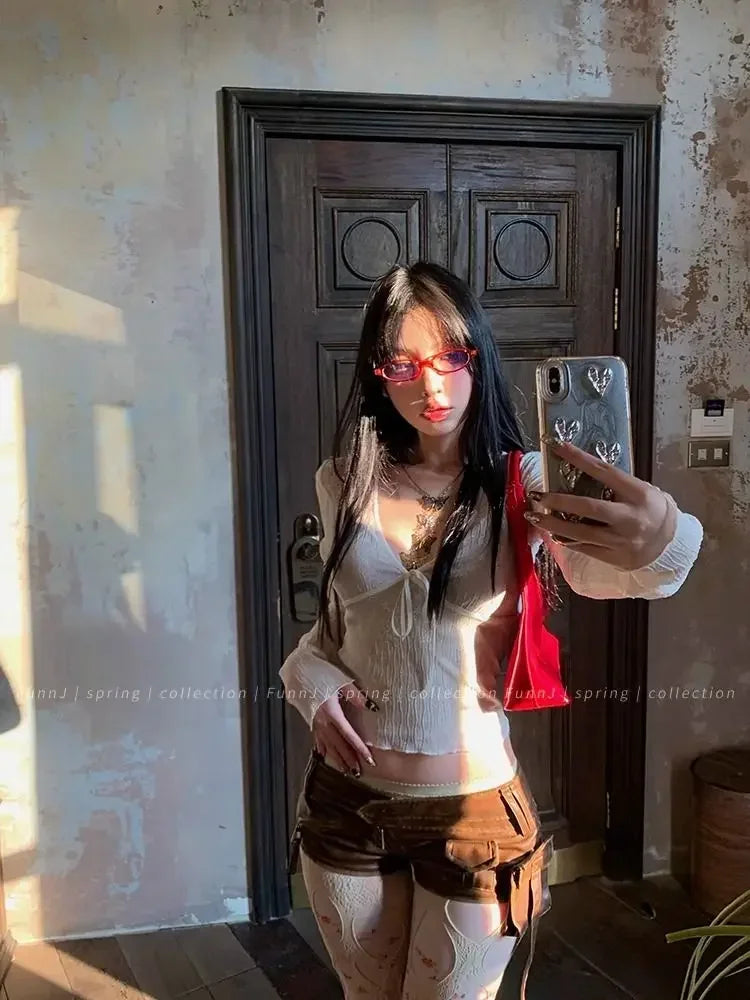 Coquette Aesthetic Mesh T Shirts Women Vintage V Neck Lace Bow Cropped Tops Y2k Sexy Slim Fit Long Sleeve Tee Shirts