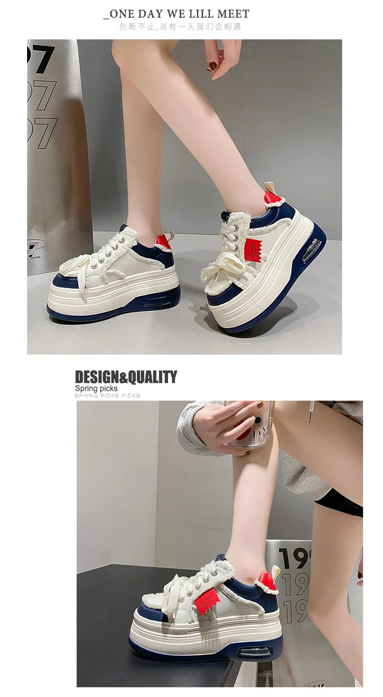 Fashion Chunky Sneakers Women Autumn Lace Up Platform Sports Shoes 8CM Thick Bottom High Heels Female Leather Sneakers Woman