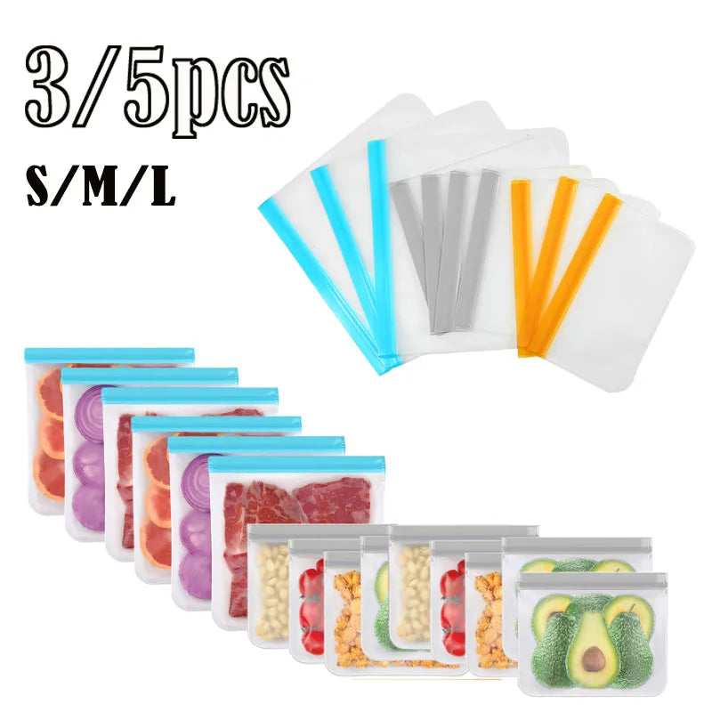 3/5pcs Silicone Food Storage Bag Reusable Up Zip Shut Bag Leakproof Fresh Bag Food Storage Bag Fresh Wrap Ziplock Bag