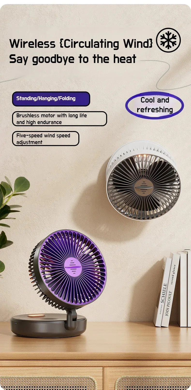 Foldable Desktop Fan Mini  Wall-Mounted Fan With Warm Night Light Rechargeable 4 Gears Adjustable Portable Air Circulation Fan