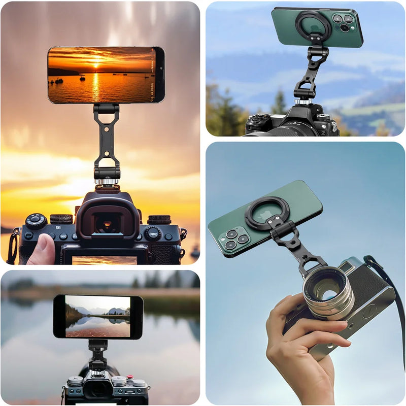 Foldable Magnetic Phone Holder Tripod Mount for MagSafe iPhone 16/15/14/13/12 – DSLR Camera Tripod Accessory with 1/4" Cold Shoe