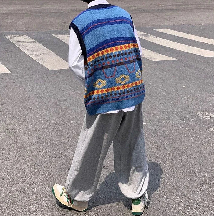 Tatiana Haven Men’s Printed Knit Sweater Vest – V-Neck Casual Korean-Style Fashion Waistcoat for Autumn & Winter