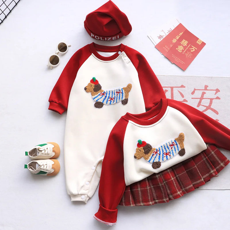 Funny Red Sweatshirts for The Whole Family Matching Clothes Father Mother and Son Daughter Cute Dog Print Tops Newborn Bodysuit