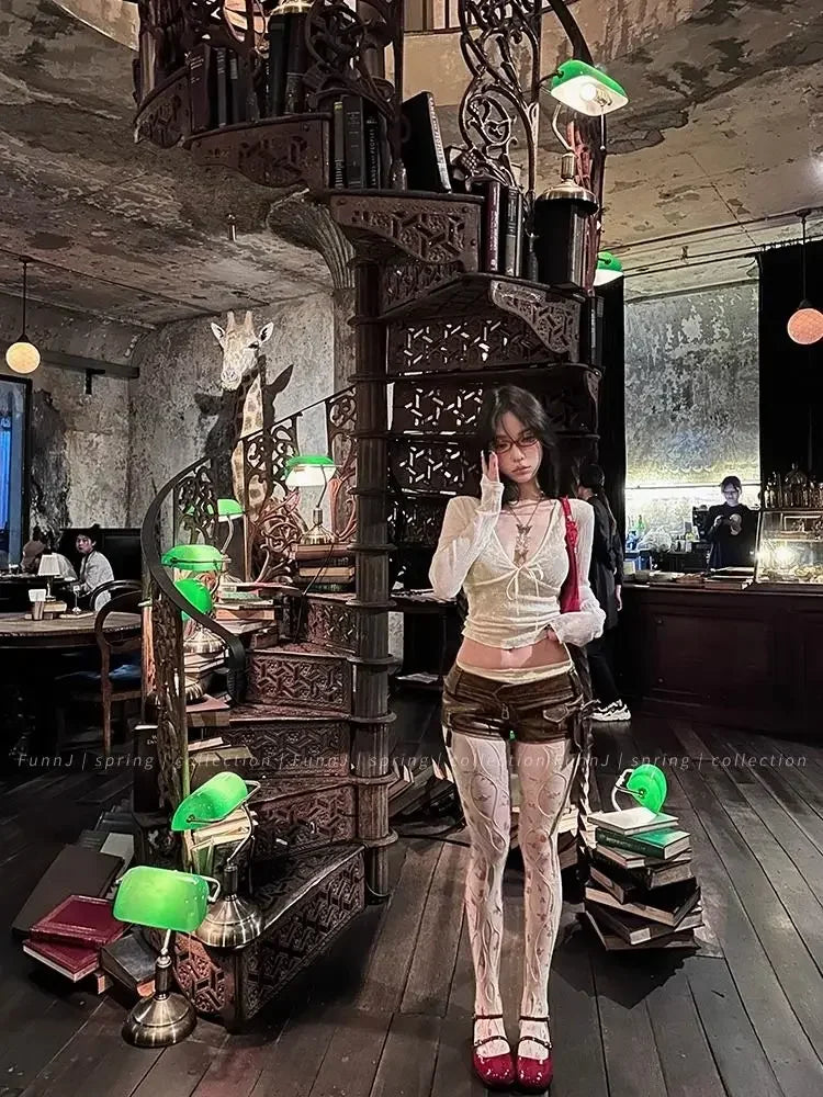 Coquette Aesthetic Mesh T Shirts Women Vintage V Neck Lace Bow Cropped Tops Y2k Sexy Slim Fit Long Sleeve Tee Shirts