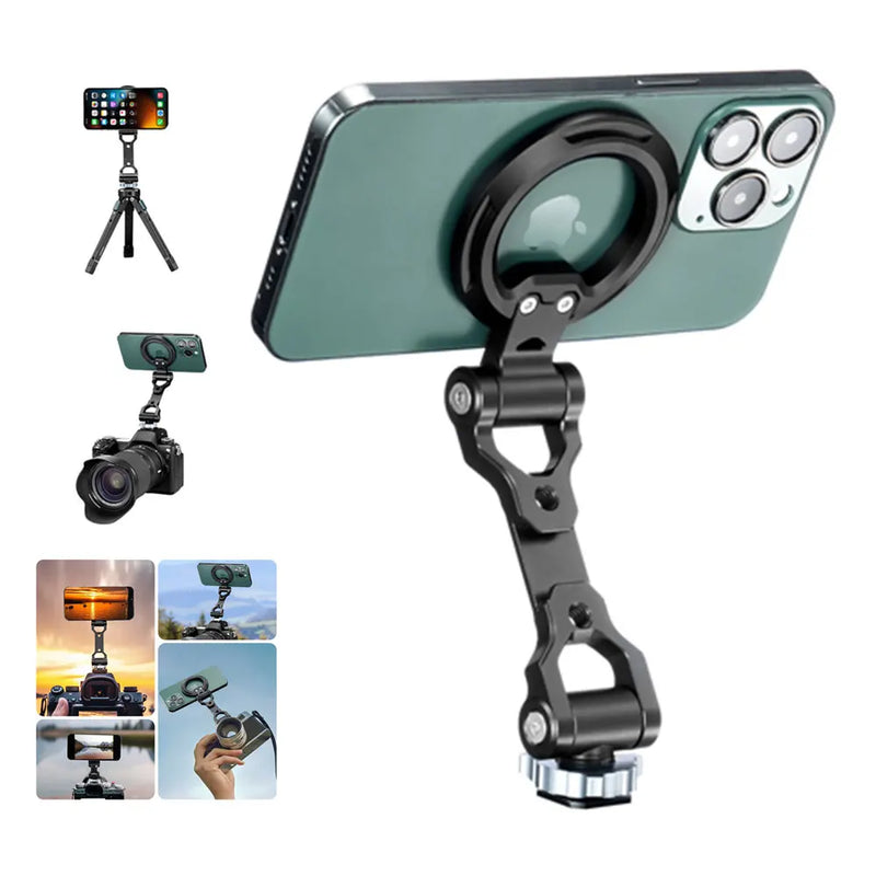 Foldable Magnetic Phone Holder Tripod Mount for MagSafe iPhone 16/15/14/13/12 – DSLR Camera Tripod Accessory with 1/4" Cold Shoe