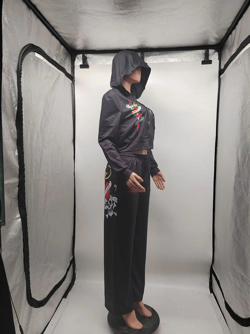 Y2k Zipper Tracksuit Women Black Print Hoodie Sweatpant Winter Blue Bodycon 2 Two Piece Outfits Pants Matching Sets Sweatshirt