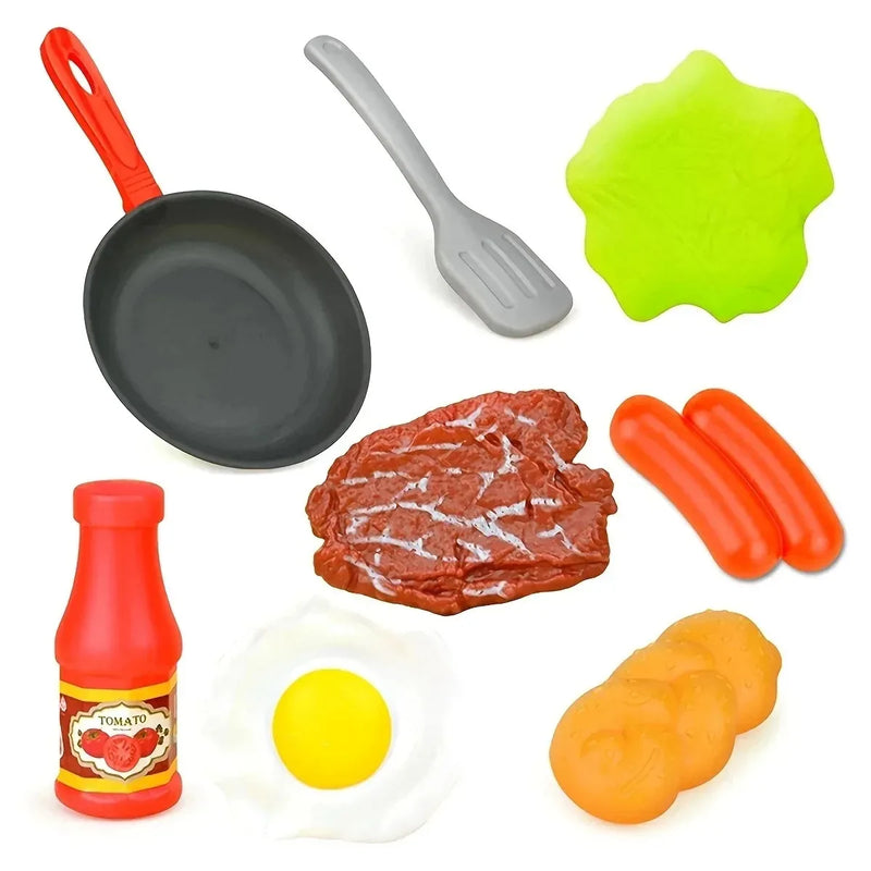 8PCS Kids Kitchen Play Food Set - Pretend Cookware with Steak, Vegetables, Bread & Hot Dog for Toddler Cooking Games
