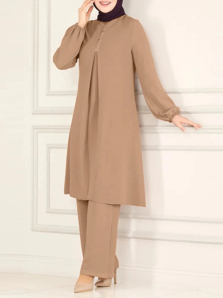 Casual Muslim Dress for Women Blouse 2 Piece Set Long Sleeve Shirt Wide Leg Pant Suits Saudi Arabic Dubai Dresses Autumn 2023