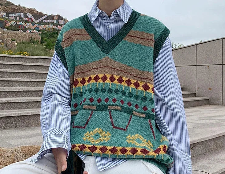 Tatiana Haven Men’s Printed Knit Sweater Vest – V-Neck Casual Korean-Style Fashion Waistcoat for Autumn & Winter
