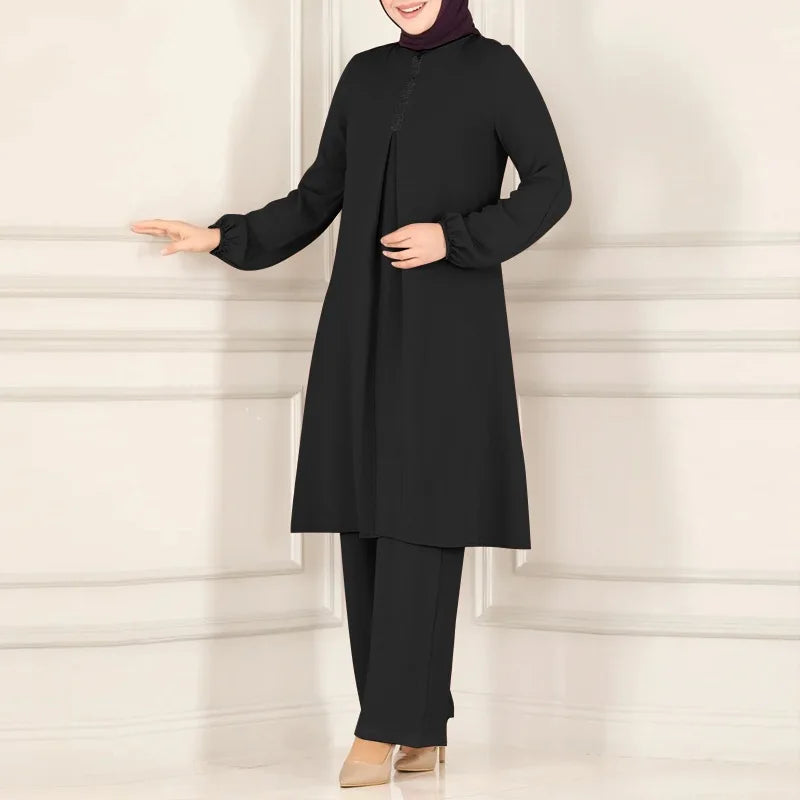 Casual Muslim Dress for Women Blouse 2 Piece Set Long Sleeve Shirt Wide Leg Pant Suits Saudi Arabic Dubai Dresses Autumn 2023