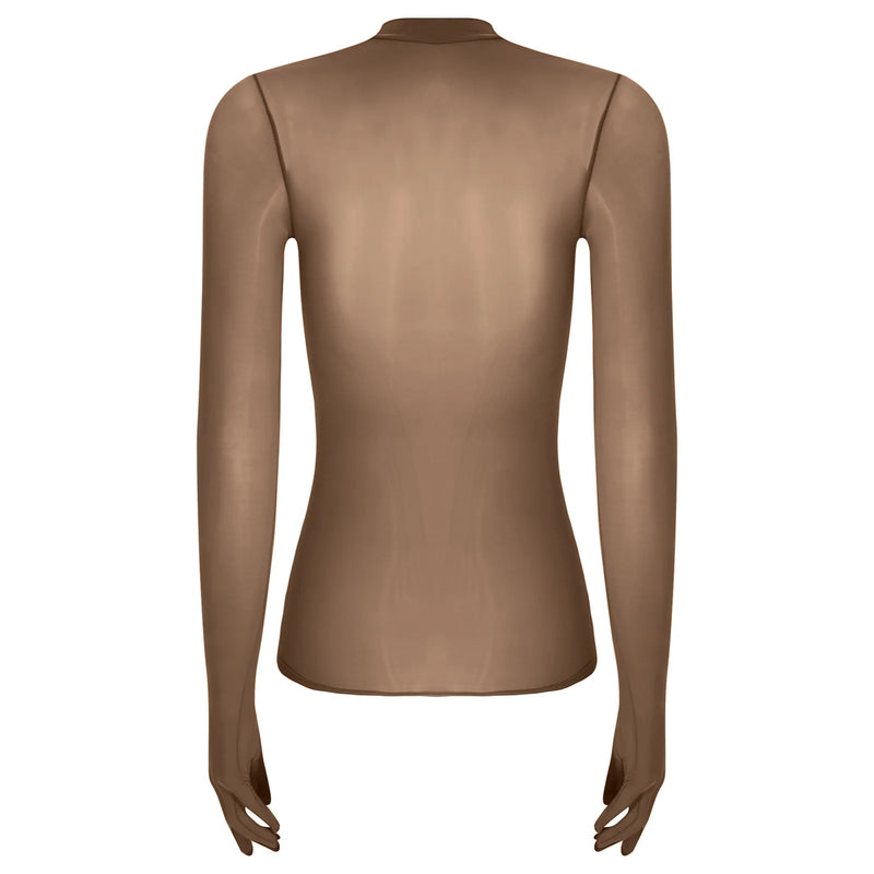Adult Women Sheer Mesh Ultra Thin Crop Top Long Sleeve Mock Neck Translucent Gloved Tops for Base Shirt Lingerie Role Play Tops