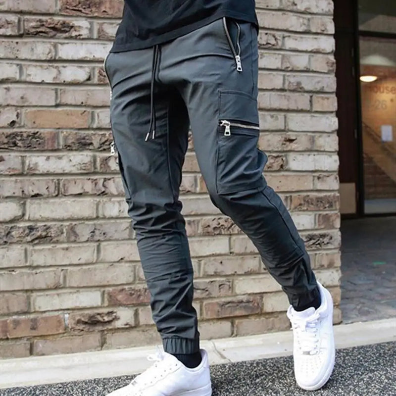 Mens Cargo Pants Zipper Pockets Jogger Running Hip Hop Streetwear Slim Sport Trousers Male Training Workout Fitness Sweatpants