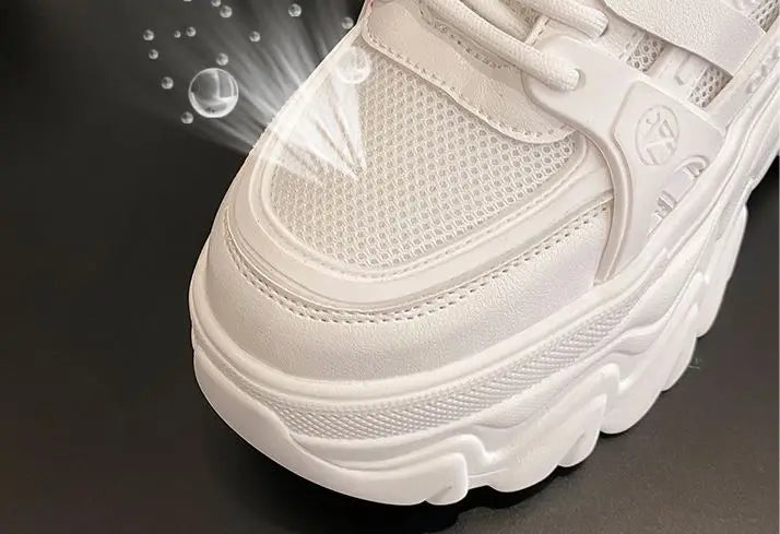 White Chunky Sneakers Women New 2025 Autumn Hidden Heel Platform Sports Dad Shoes Woman Lace Up Breathable Mesh Casual Shoes 8CM