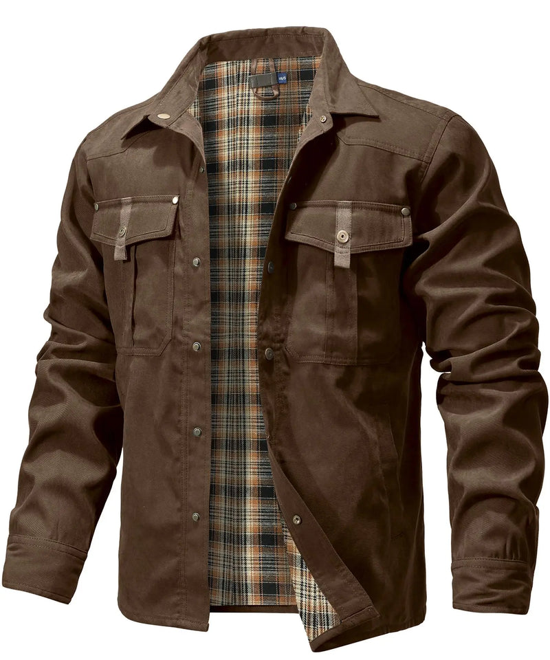 Men’s Flannel-Lined Shirt Jacket – Casual Snap Button Overshirt for Spring & Autumn